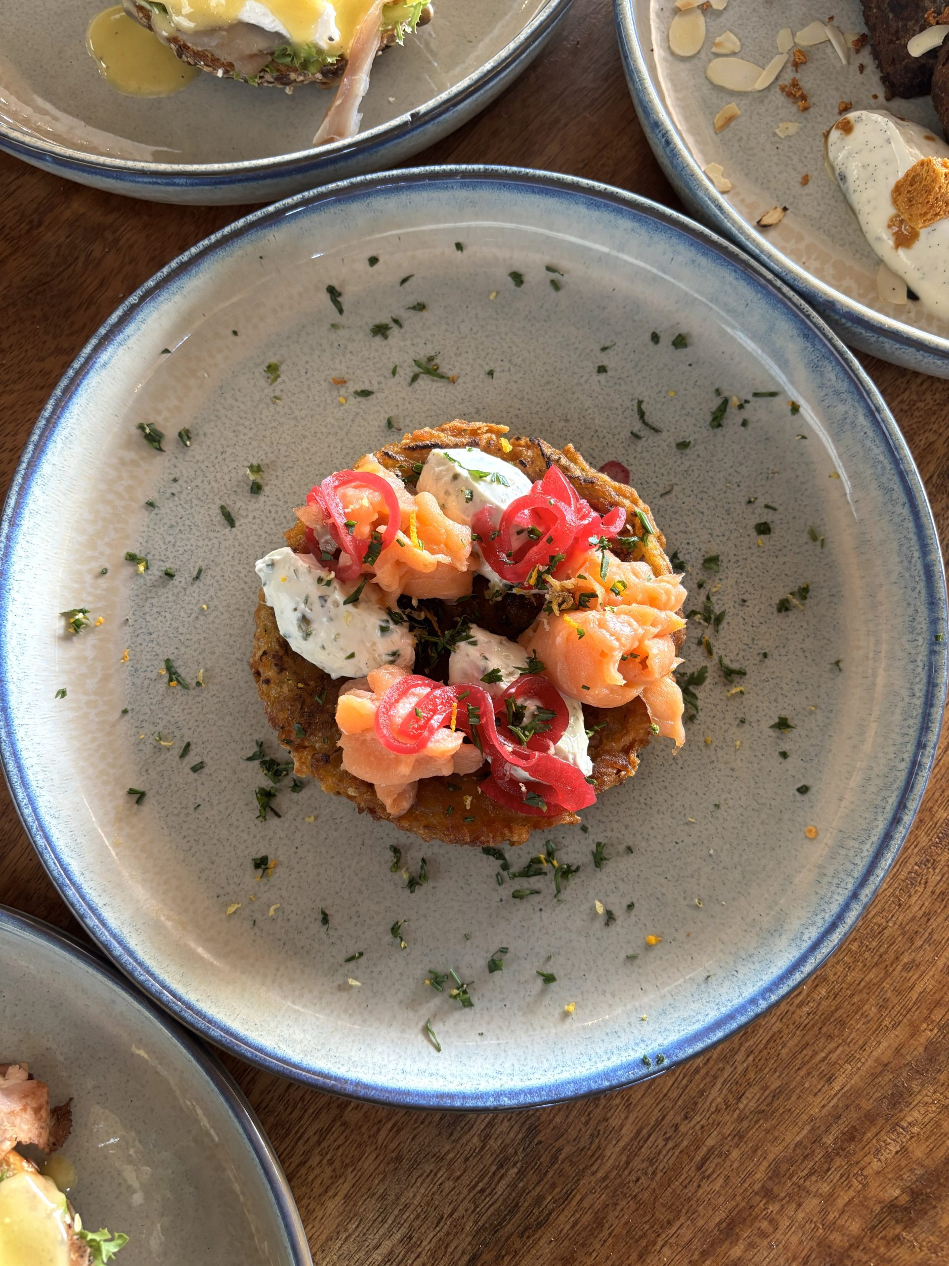 Potato Rosti with Smoked Salmon, Beet Pickle & Chive Cream Cheese