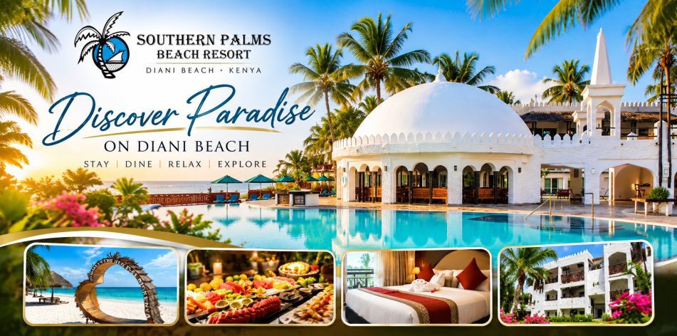 Southern Palms Beach Resort in Diani Beach, Kenya, featuring its swimming pool, tropical gardens and beachfront holiday atmosphere