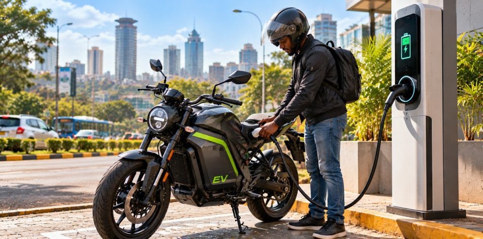 An electric motorcycle parked beside a sleek wall‑mounted charger on a Nairobi city street, with a casually dressed rider plugging in the bike; soft daylight highlights the bike’s metallic surfaces and the charger, while a blurred urban backdrop hints at traffic and city life.